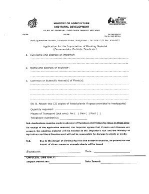 Import Permit Application Ministry of Agriculture of Barbados  Form