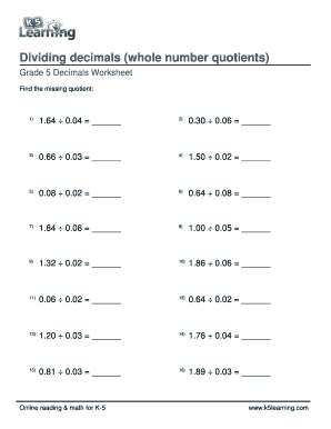 Dividing Decimals by Whole Numbers Worksheet  Form