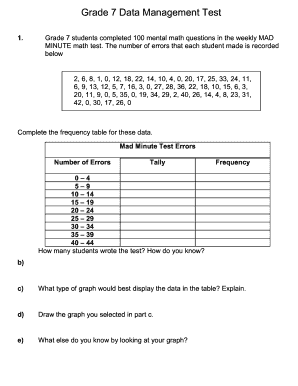 Grade 7 Data Management Worksheet PDF  Form