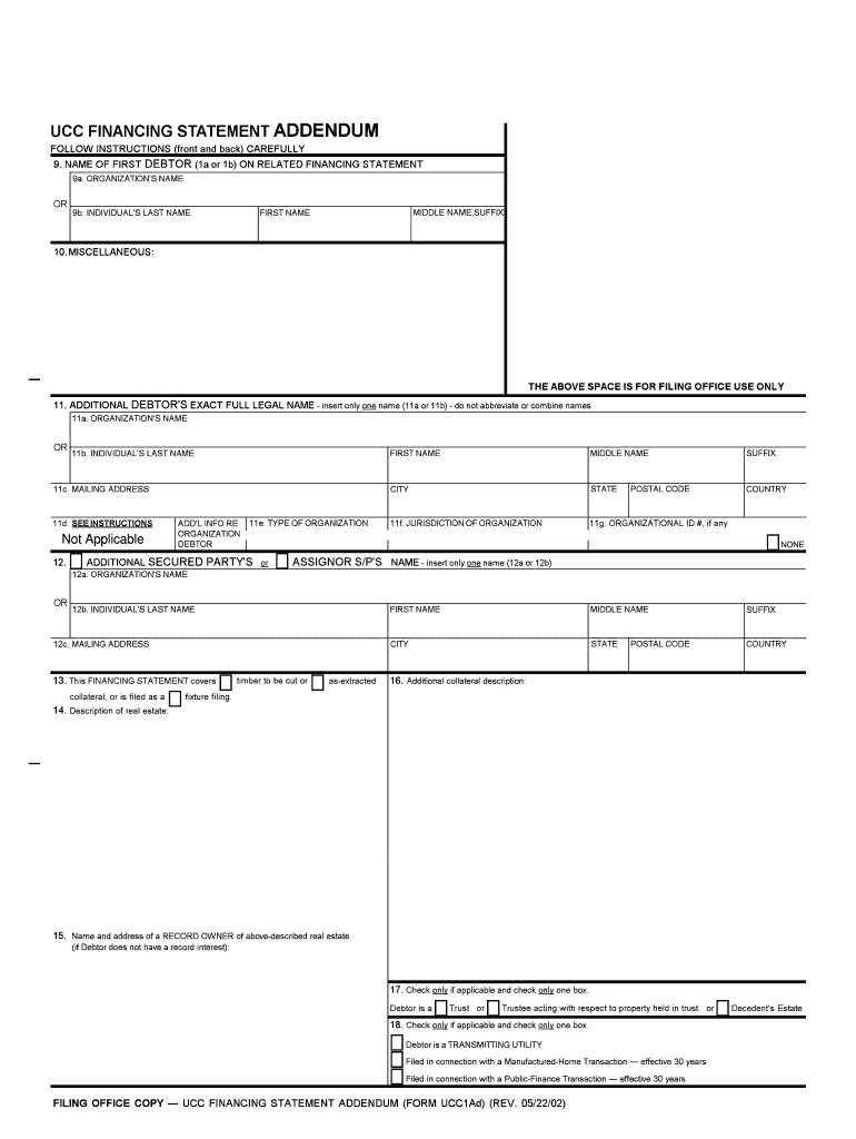  UCC Financing Statement Addendum Form UCC1Ad Dos Ny 2002