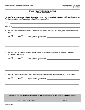 DHCS 5105 Staff Health Questionnaire 0713 Dhcs Ca  Form