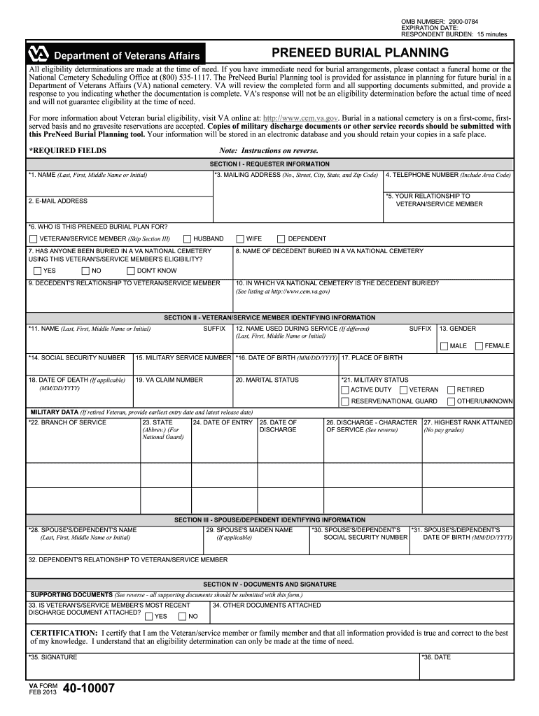 VA Form 40 40007, PRENEED BURIAL PLANNING 40 10007, Preneed, Burial, Planning, Cemetery Reginfo 2020