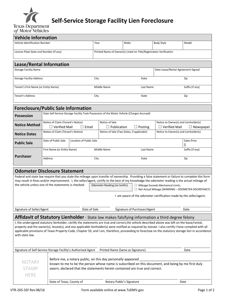  Self Service Storage Facility Lien Foreclosure Form VTR 265 SSF  Txdmv 2016