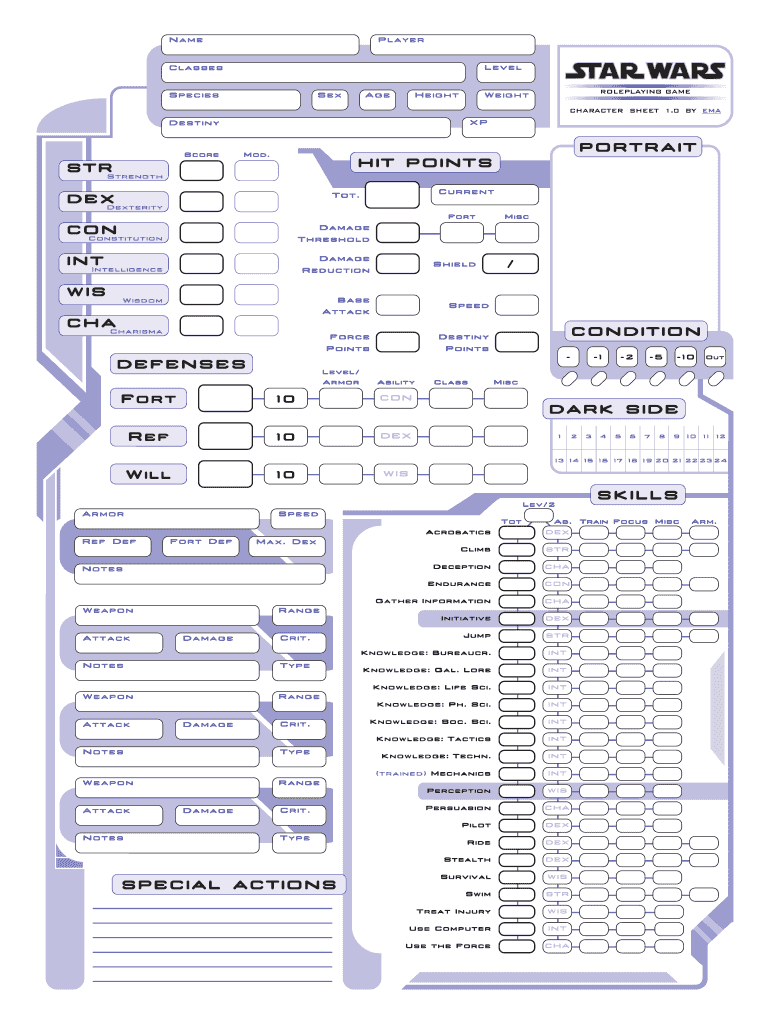 Star Wars Rpg Character Sheet Fillable PDF  Form