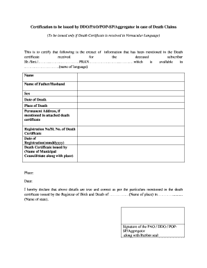 Certification to Be Issued by DDOPAOPOP SPAggregator in Case of Death Claims  Form