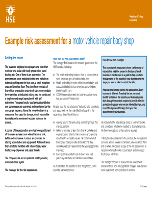 Example Risk Assessment for a Motor Vehicle Repair Body Shop  Form