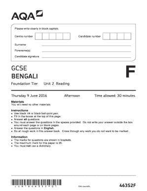 GCSE Bengali Question Paper Unit 02 Reading Test June GCSE Bengali  Form