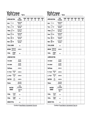 Yahtzee Score Card  Form