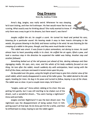 Dog Dreams Fourth Grade Reading Comprehension Worksheet DOC  Form