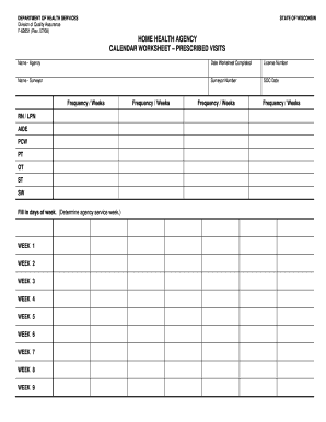 Home Health Agency Calendar Worksheet Prescribed Visits F 62651  Form