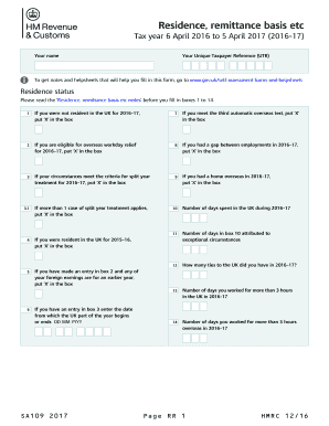  Non Residence Etc Use the SA109 Supplementary Pages to Declare Your Residence and Domicile Status and Claim Personal Allowances  2020