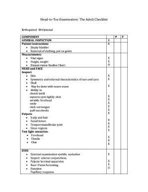 Head to Toe Examination the Adult Checklist  Form