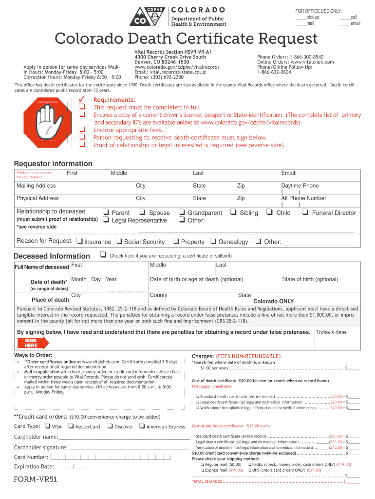 Colorado Death Certificate Request  Form