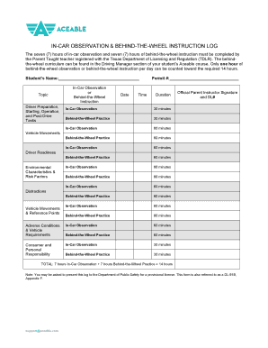 Aceable in Car Observation Log  Form