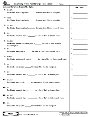 Examining Whole Number Digit Place Values Answer Key  Form