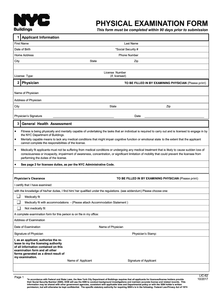  LIC62 Physical Examination Form 2017