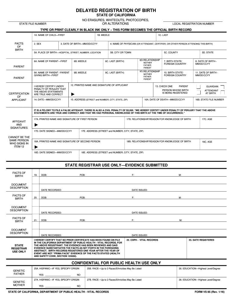  Vs 85 Form for Birth California 2016