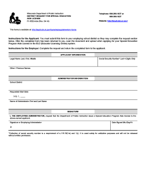 PI 1622 Aide District Request for Special Education Aide License  Form