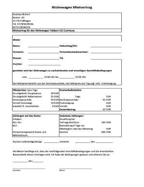 Mietvertrag F R Den Wohnwagen Tabbert 515 Comtesse  Form