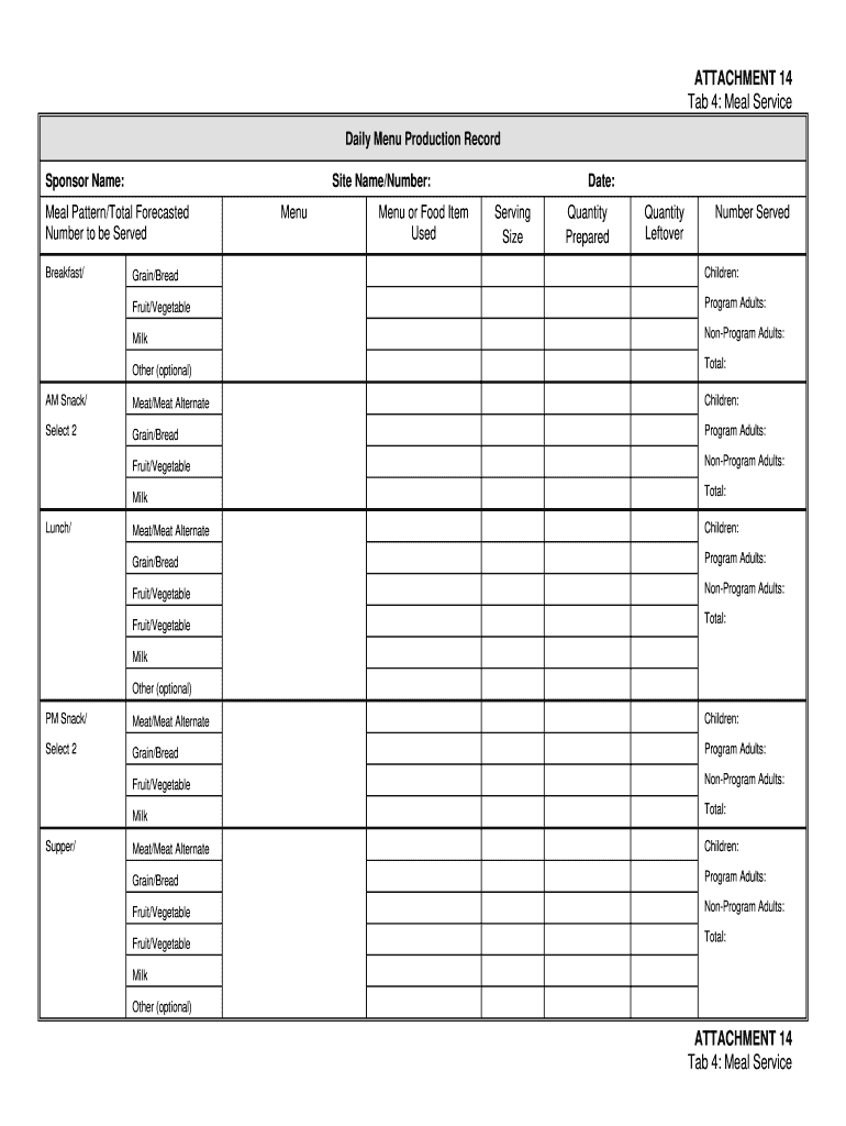  Daily Menu Production Record 2009