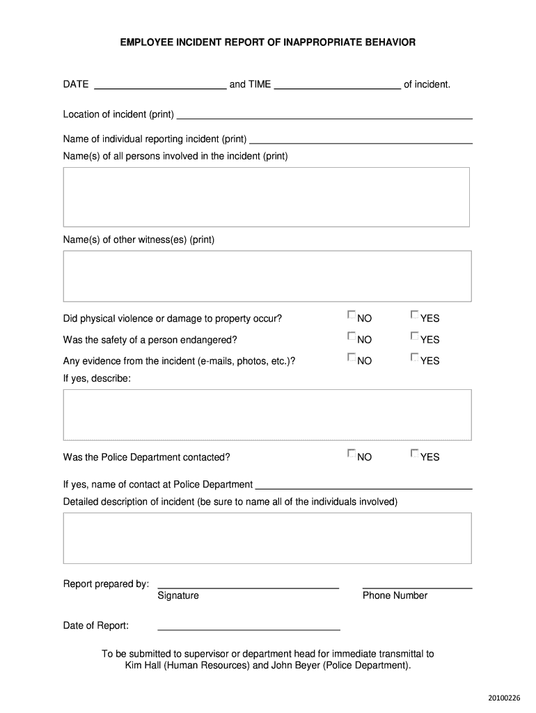 Incident Report Employee Behavior Sample  Form