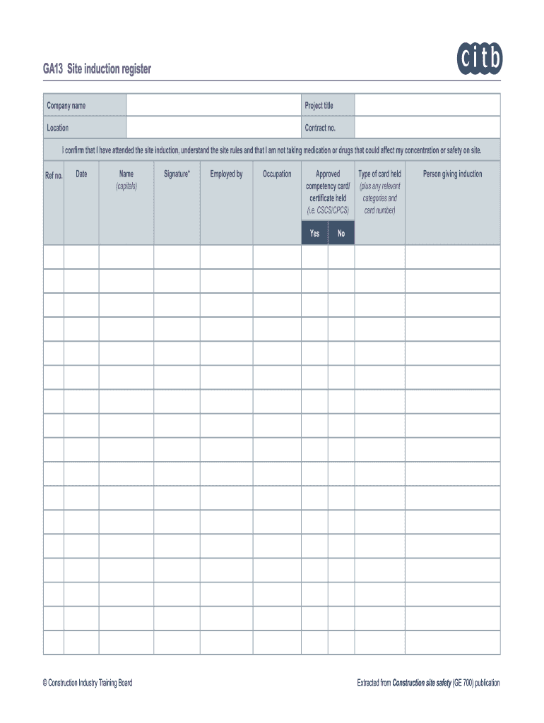 GA13 Site Induction Register  Form