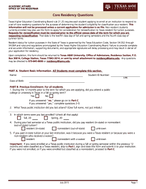  Core Residency Questions TAMU Registrar Office Texas A&M 2015-2024