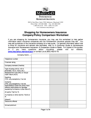 Homeowners Insurance Worksheet  Form