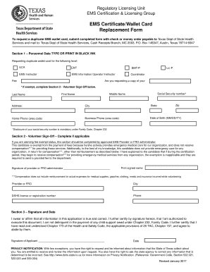  EMS CertificateWallet Card Replacement Form Dshs Texas 2017