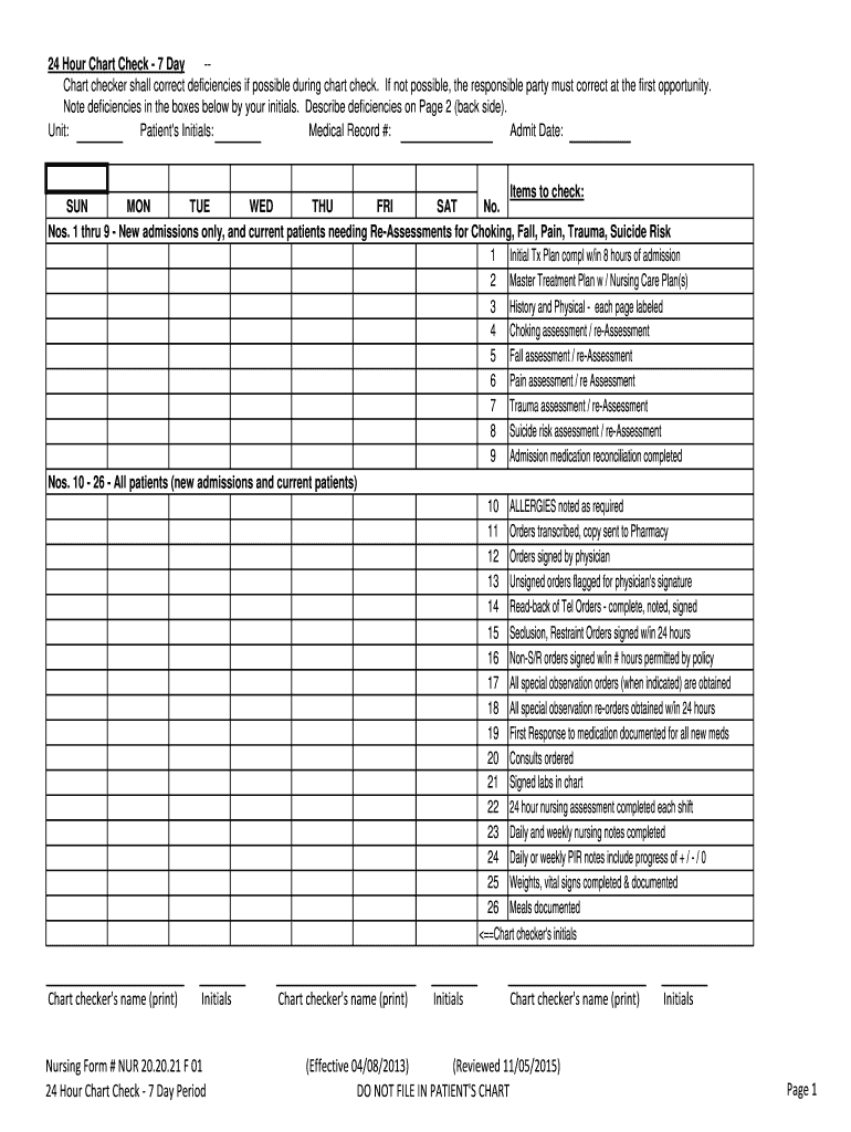 Nursing Form # NUR 20 20 21 F 01 24 Hour Chart Check 7 Day