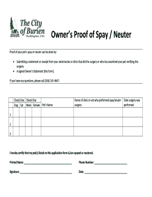 Proof of Spay Certificate  Form