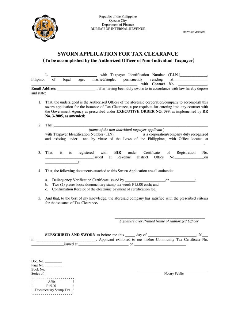  Sworn Application for Tax Clearance 2016