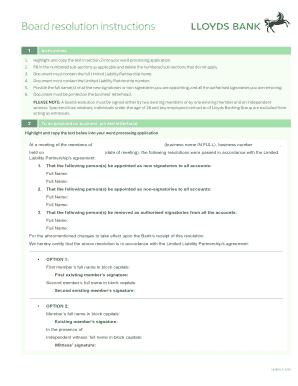 Board Resolution Instructions Lloyds Bank  Form