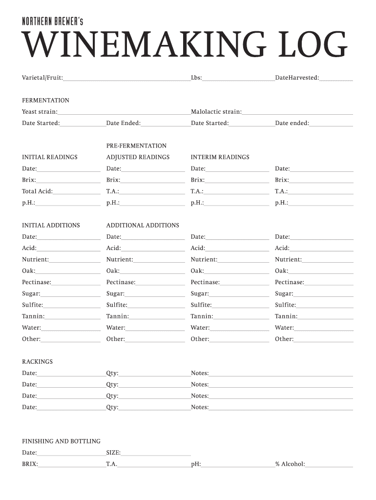 Winemaking Log Template Excel  Form