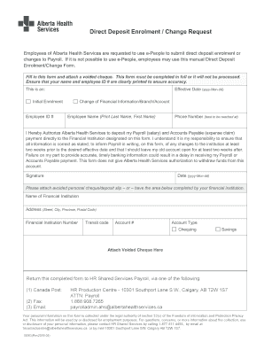 Direct Deposit EnrolmentChange Request Alberta Health Services  Form