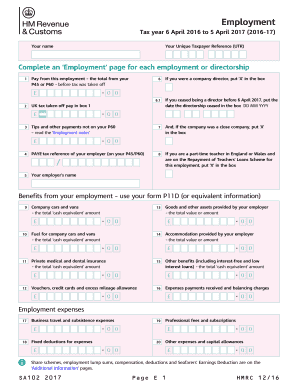 Employment Use the SA102 Supplementary Pages to Record Your Employment Details When Filing a Tax Return for the Tax Year Ended 5  Form