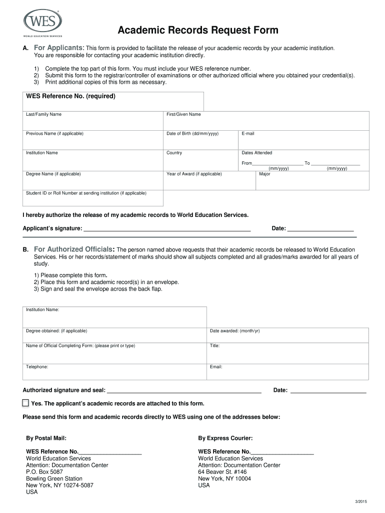  Wes Academic Records Request Form 2015