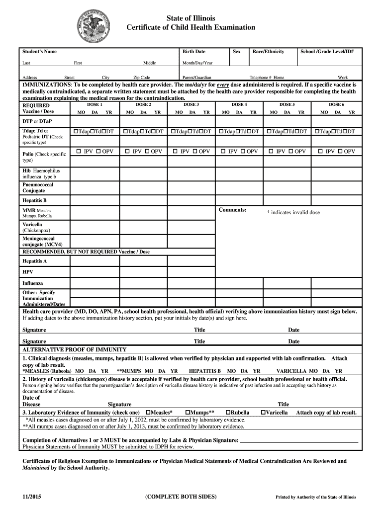 State of Illinois Certificate of Health Exam  Form