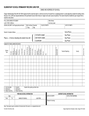 ELEMENTARY SCHOOL PERMANENT RECORD CARD for  Form