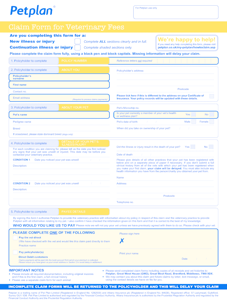  Petplan Claim Form 2016-2024