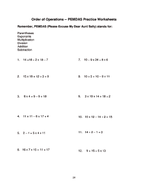 Order of Operations Worksheet PDF  Form