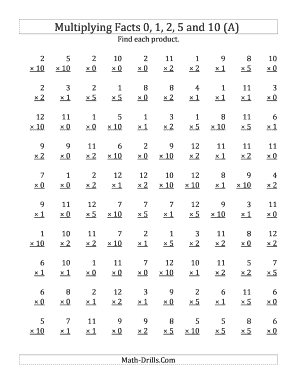 Multiplication Worksheet Multiplying by Anchor Facts 0, 1, 2, 5 and 10 Other Factor 1 to 12 Multiplication  Form