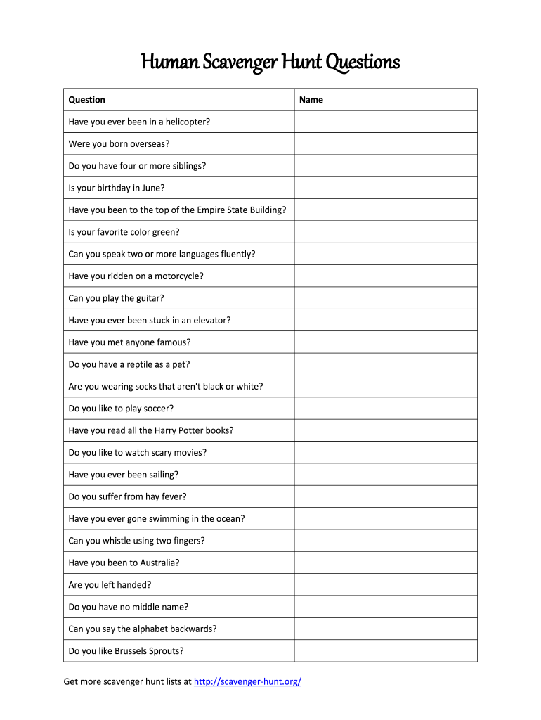 Human Scavenger Hunt Questions  Form