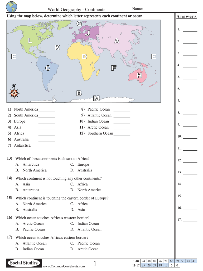 World Geography Continents Answer Key  Form