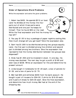 Pemdas Word Problems with Answers PDF  Form