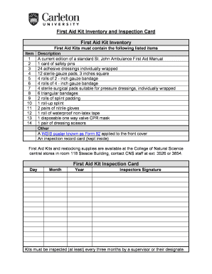 First Aid Kit Inventory and Inspection Card  Form