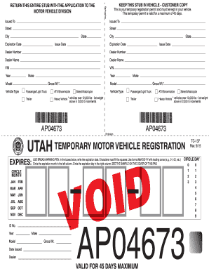 Temporary Registration Utah  Form