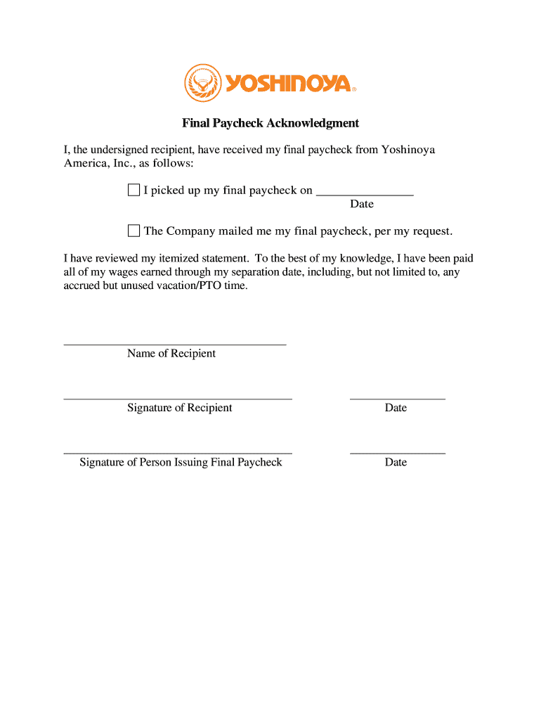 Acknowledgement of Payment of Wages  Form