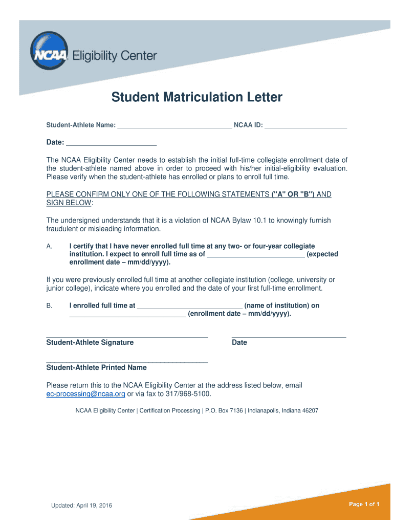  Ncaa Matriculation Letter 2016-2024