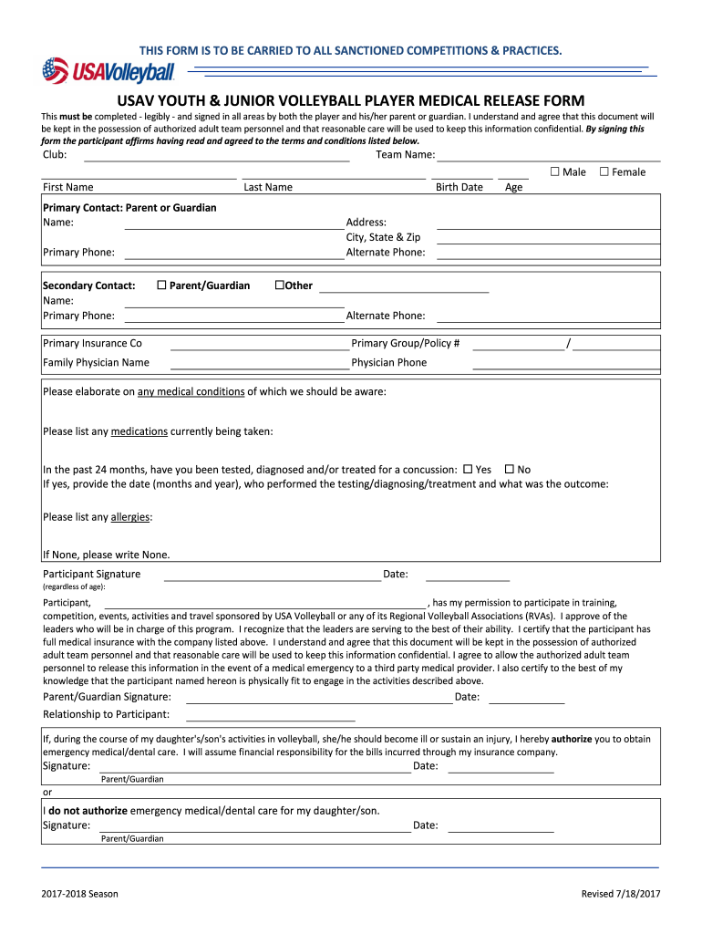  Usav Medical Release Form 2017